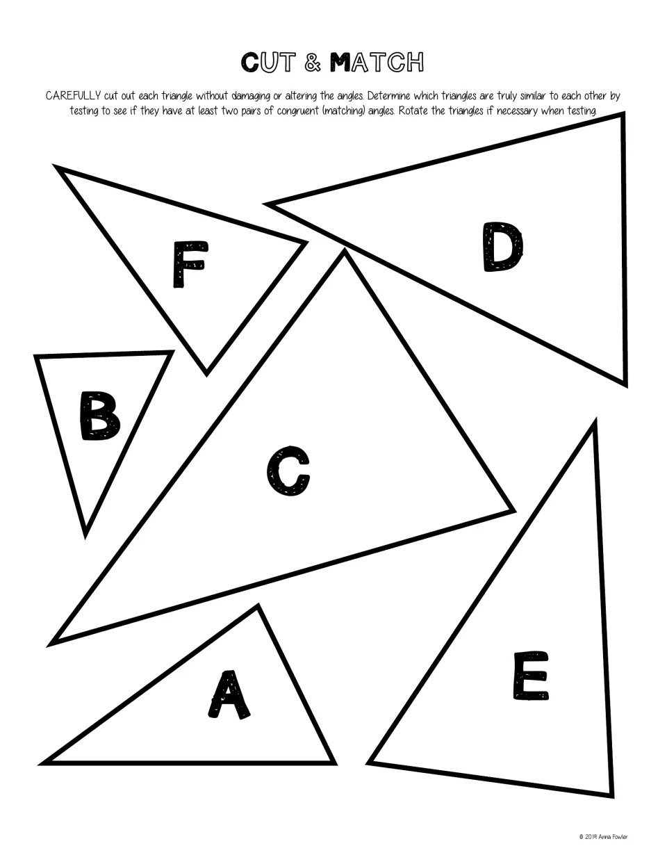 Cut & Match cut-out pieces: students cut out triangles A to F and find similar ones with two pairs of matching angles