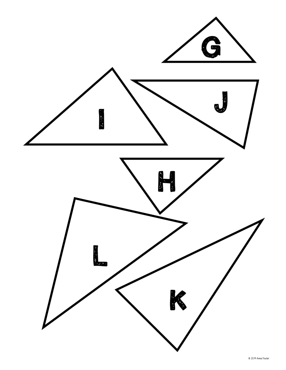 Cut-out pieces continued: triangles lettered G to L for students to cut out and compare angles with the earlier set