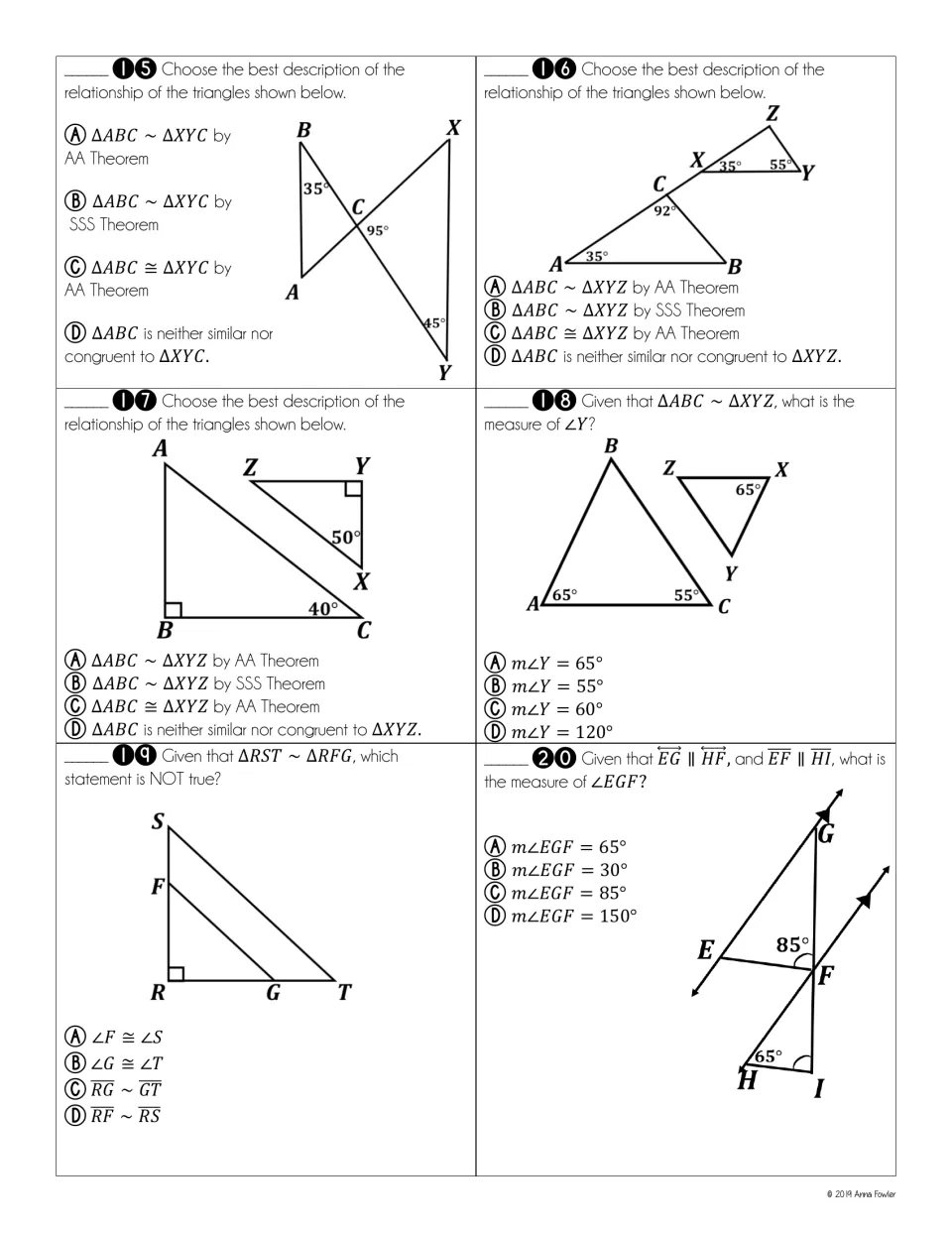 Practice items 15-20: name how triangle pairs relate, find a missing angle and use parallel lines to find angle EGF