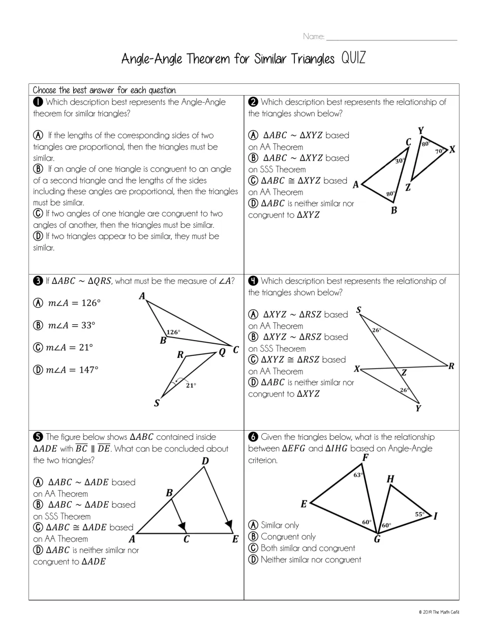 Similar triangles quiz, questions 1-6: students pick AA, SSS or congruence for triangle pairs and find an angle measure
