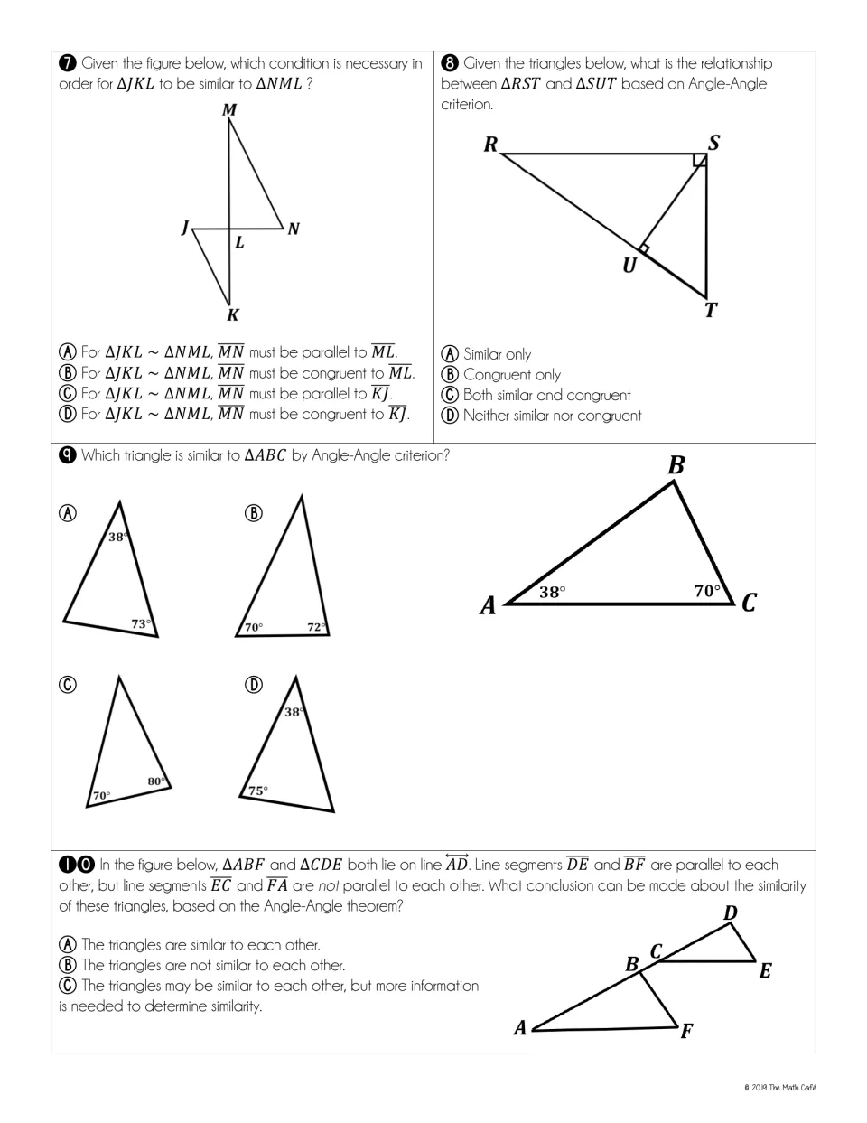 Quiz questions 7-10 on angle-angle similarity: students find the similar triangle and judge parallel-segment figures