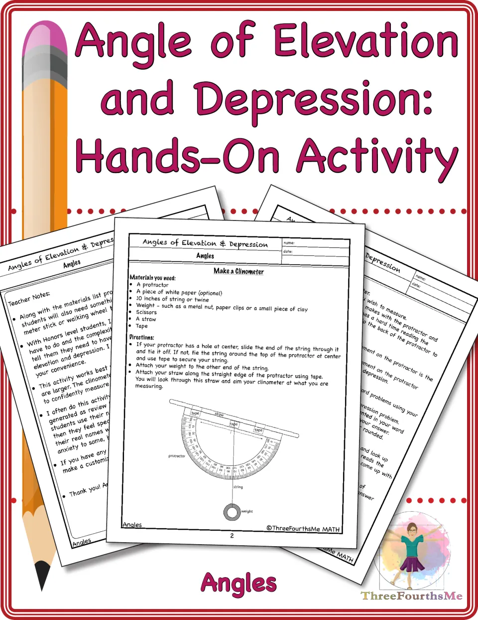 Cover of Angle of Elevation and Depression: Hands-On Activity, showing sample clinometer activity pages