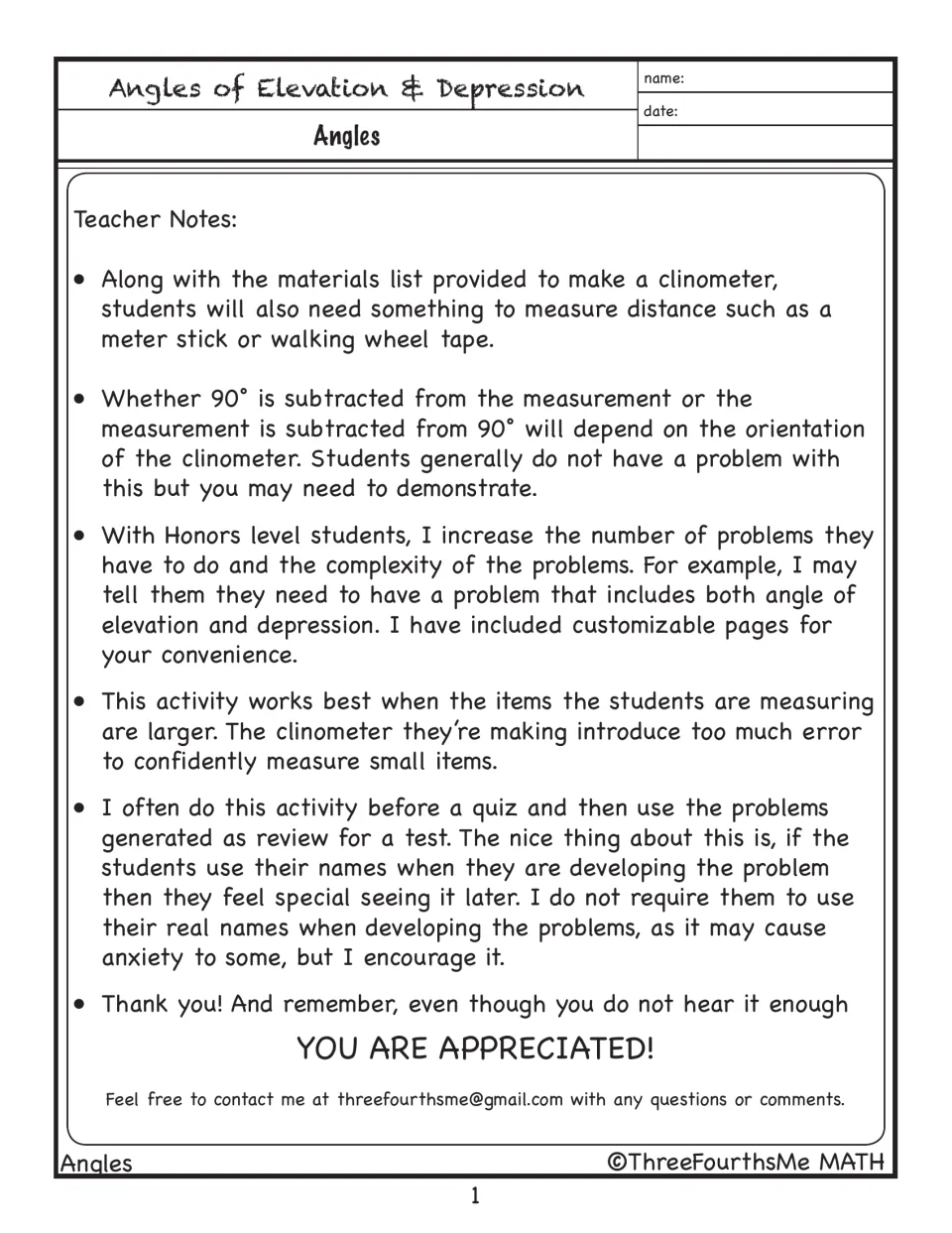 Teacher notes for the clinometer activity cover measuring tools, angle readings, honors extensions, and review