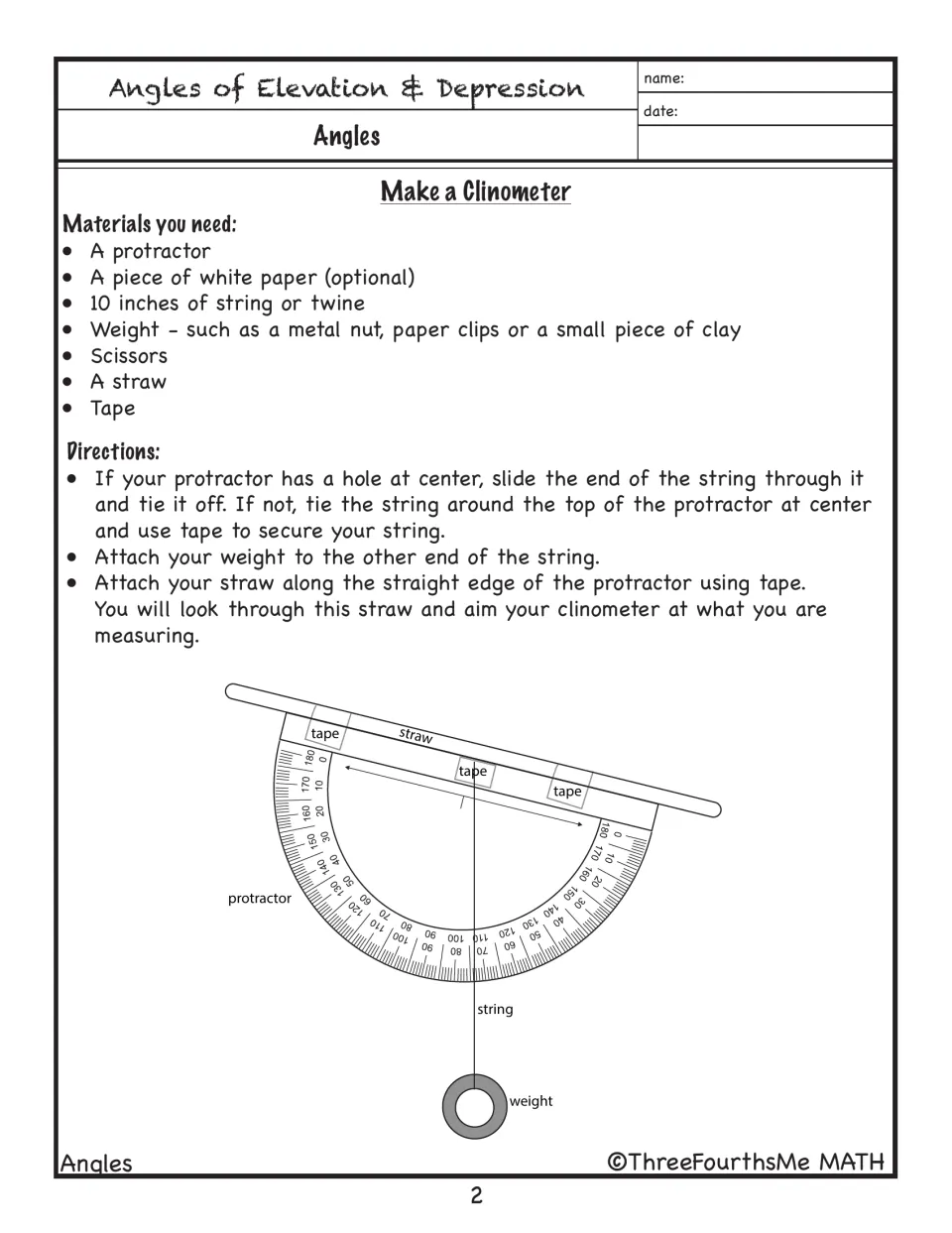 Clinometer construction directions list materials and show a labeled protractor, straw, string, and weight