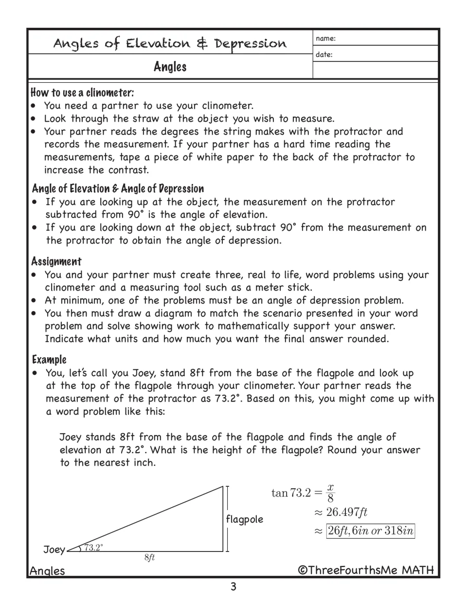 Clinometer use directions lead to three partner word problems, including depression, and a flagpole example