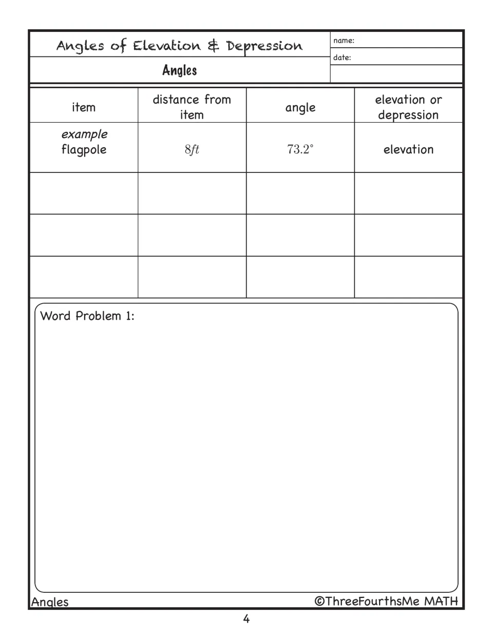 Measurement recording sheet includes a flagpole example at 8 ft and 73.2° and space to write Word Problem 1
