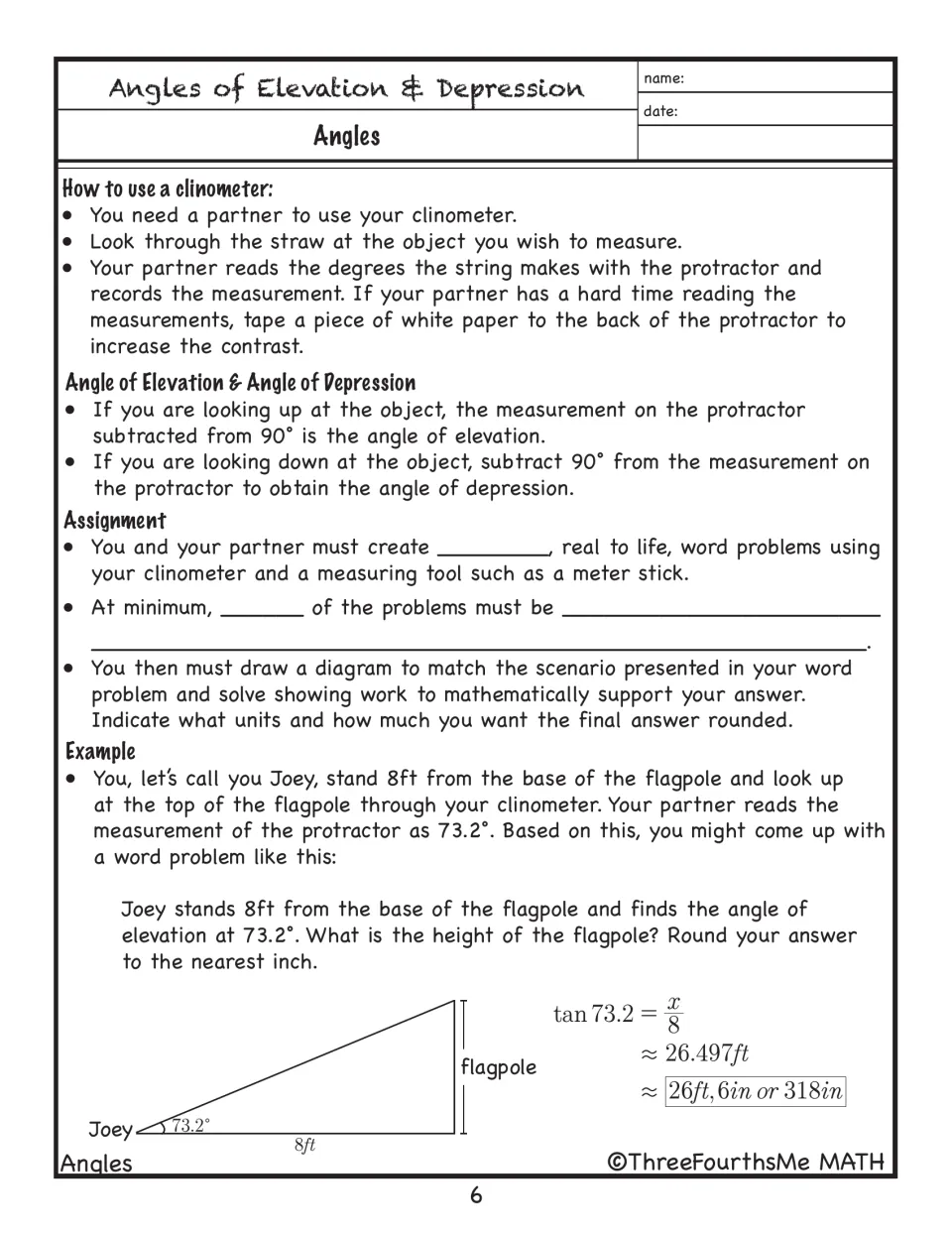 Customizable clinometer assignment leaves problem counts and required types blank and gives a flagpole example