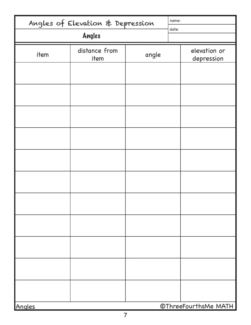 Blank clinometer measurement record asks for each item, distance from the item, angle, and elevation or depression