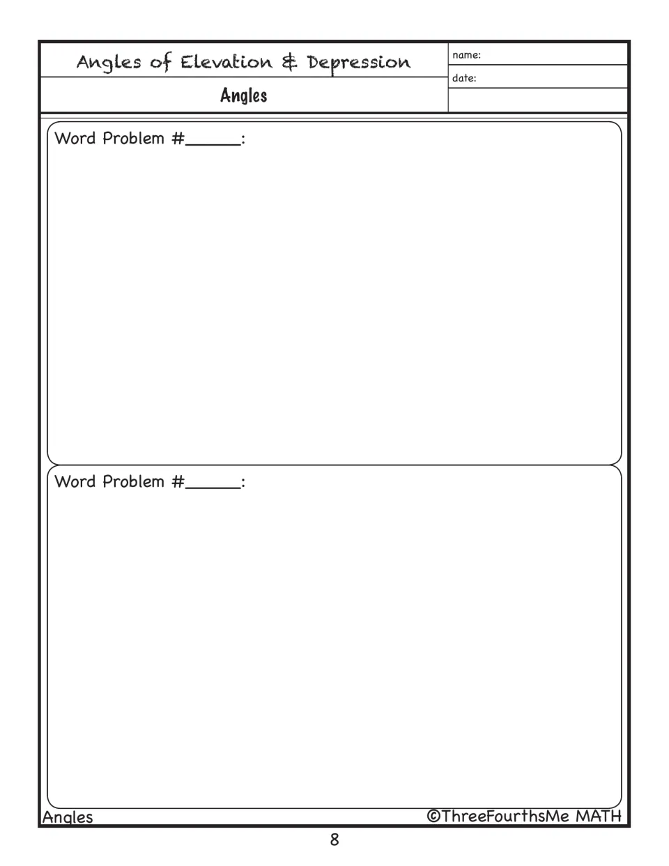 Customizable response sheet provides space for two clinometer word problems, each with a blank problem number