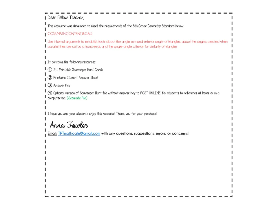 Teacher letter citing standard 8.G.A.5 and listing 24 scavenger hunt cards, a student answer sheet and an answer key