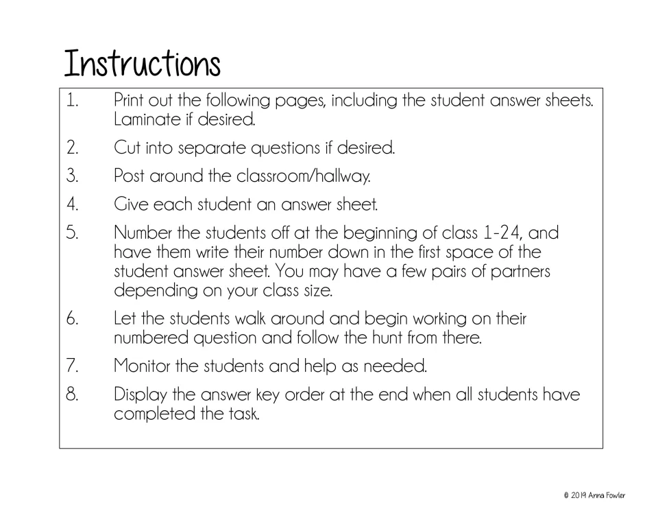Scavenger hunt setup steps: print and post cards, number students 1-24, let them follow the hunt, then show answer order