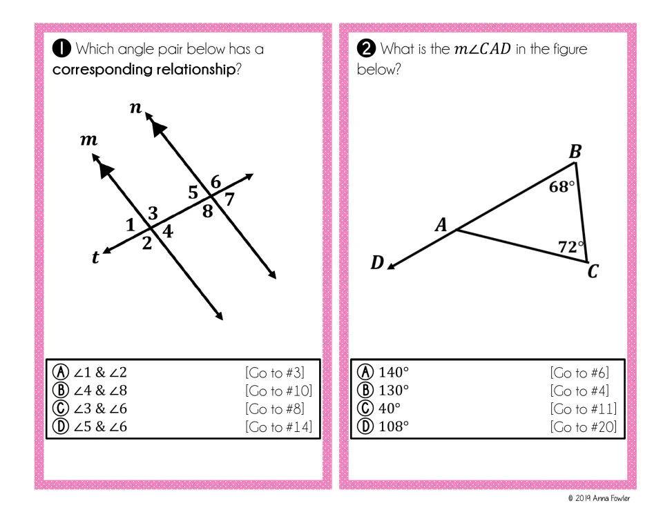Cards 1-2: pick the corresponding angle pair where transversal t cuts parallel lines, then find exterior angle CAD