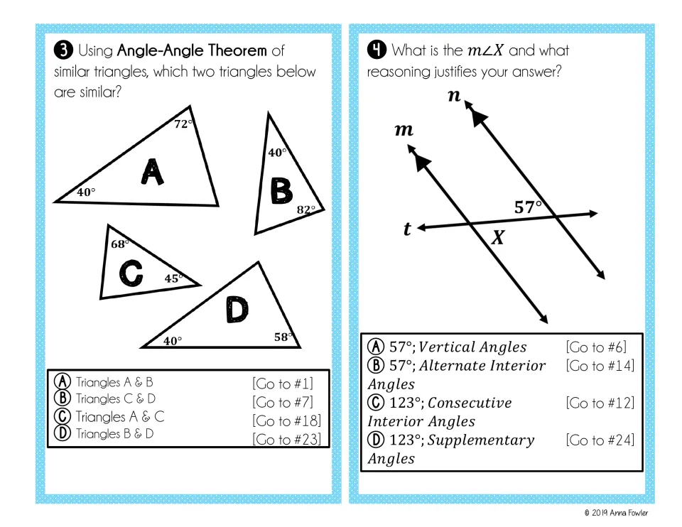 Cards 3-4: use Angle-Angle to choose which two of triangles A-D are similar, then find angle X and justify it