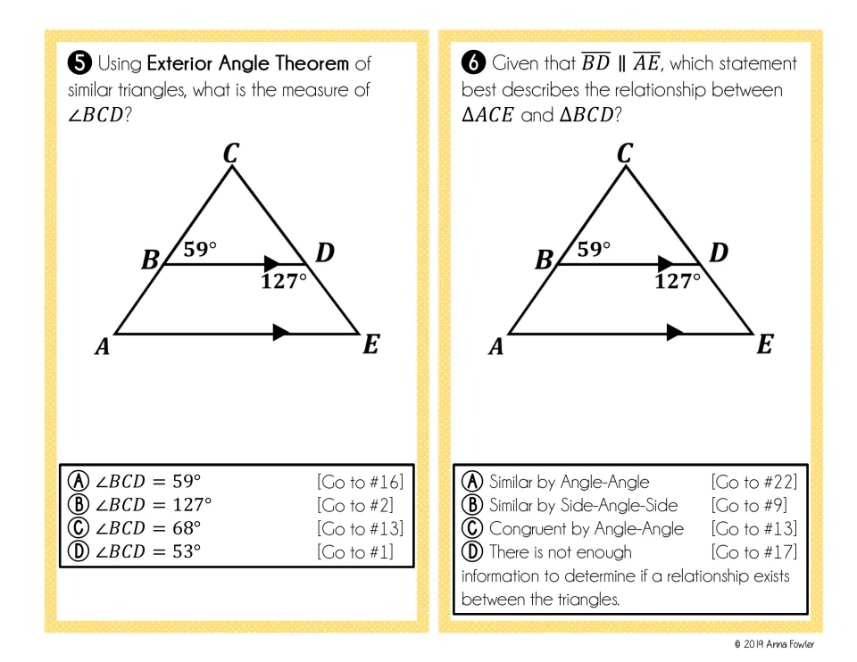 Cards 5-6: with BD parallel to AE, find angle BCD by the exterior angle theorem and classify triangles ACE and BCD