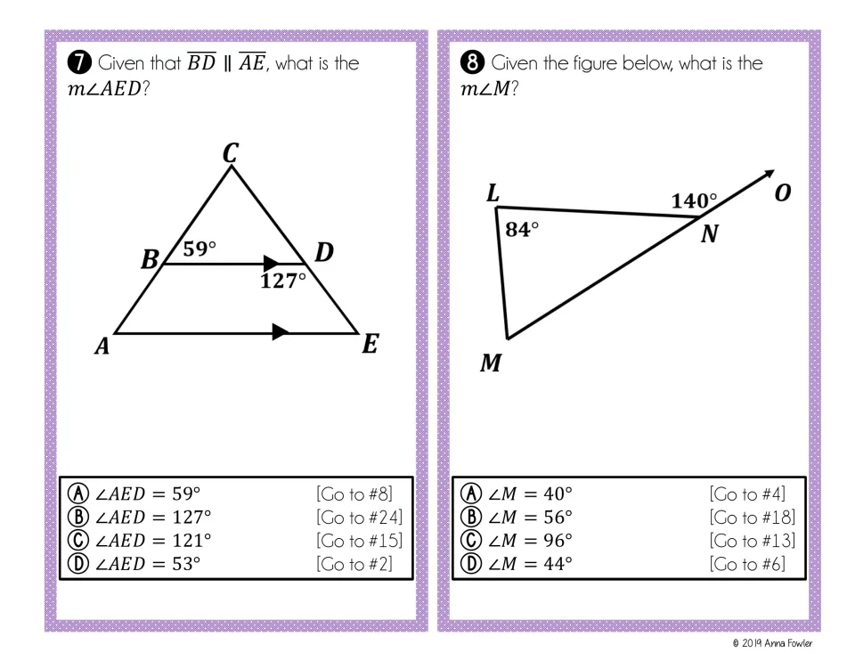 Cards 7-8: find angle AED in a triangle cut by parallel segment BD, then find angle M from a 140° exterior angle