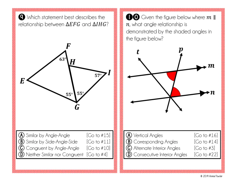 Cards 9-10: decide if triangles EFG and IHG are similar or congruent, then name the shaded angle pair