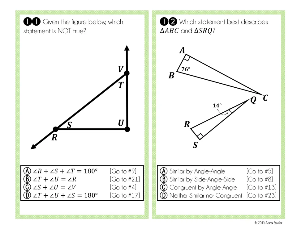 Cards 11-12: pick the false statement about a triangle's exterior angles, then compare right triangles ABC and SRQ