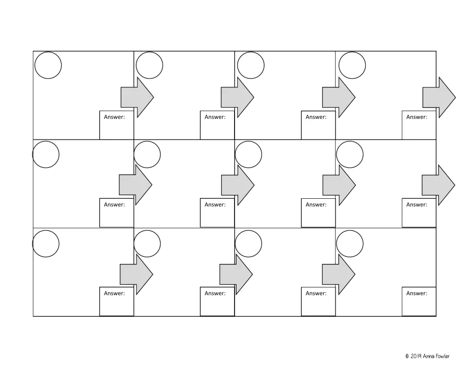 Student answer sheet: 12 spaces where students write each card number and answer in the order they follow the hunt