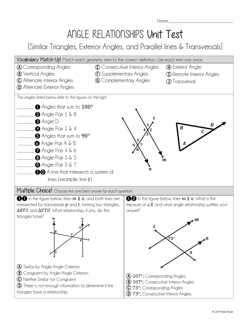 Angle relationships test: students match 10 vocabulary terms to angle pairs on figures, then solve 2 multiple-choice items
