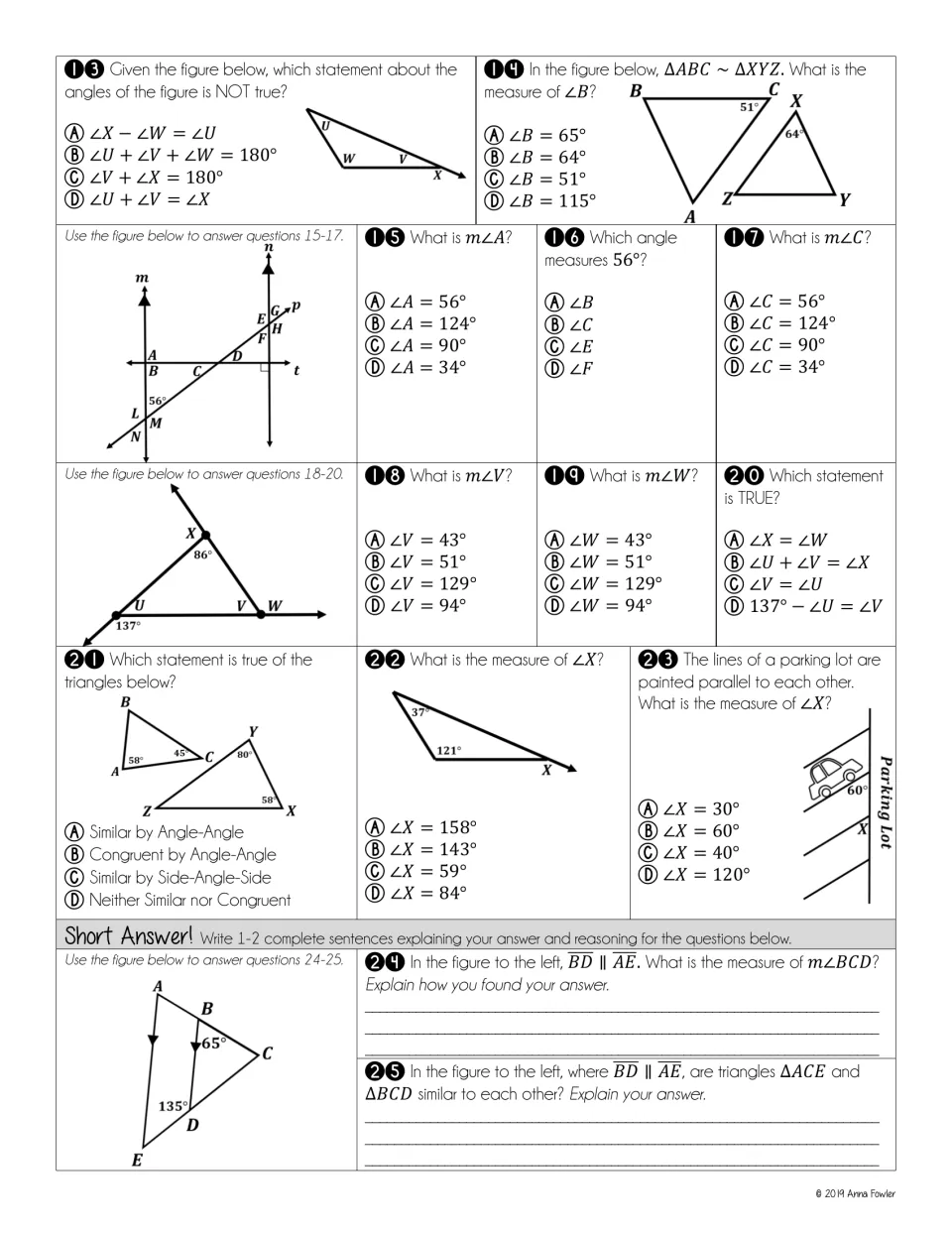 Test questions 13-25: students find missing angles in triangles and parallel lines, then explain similarity in writing
