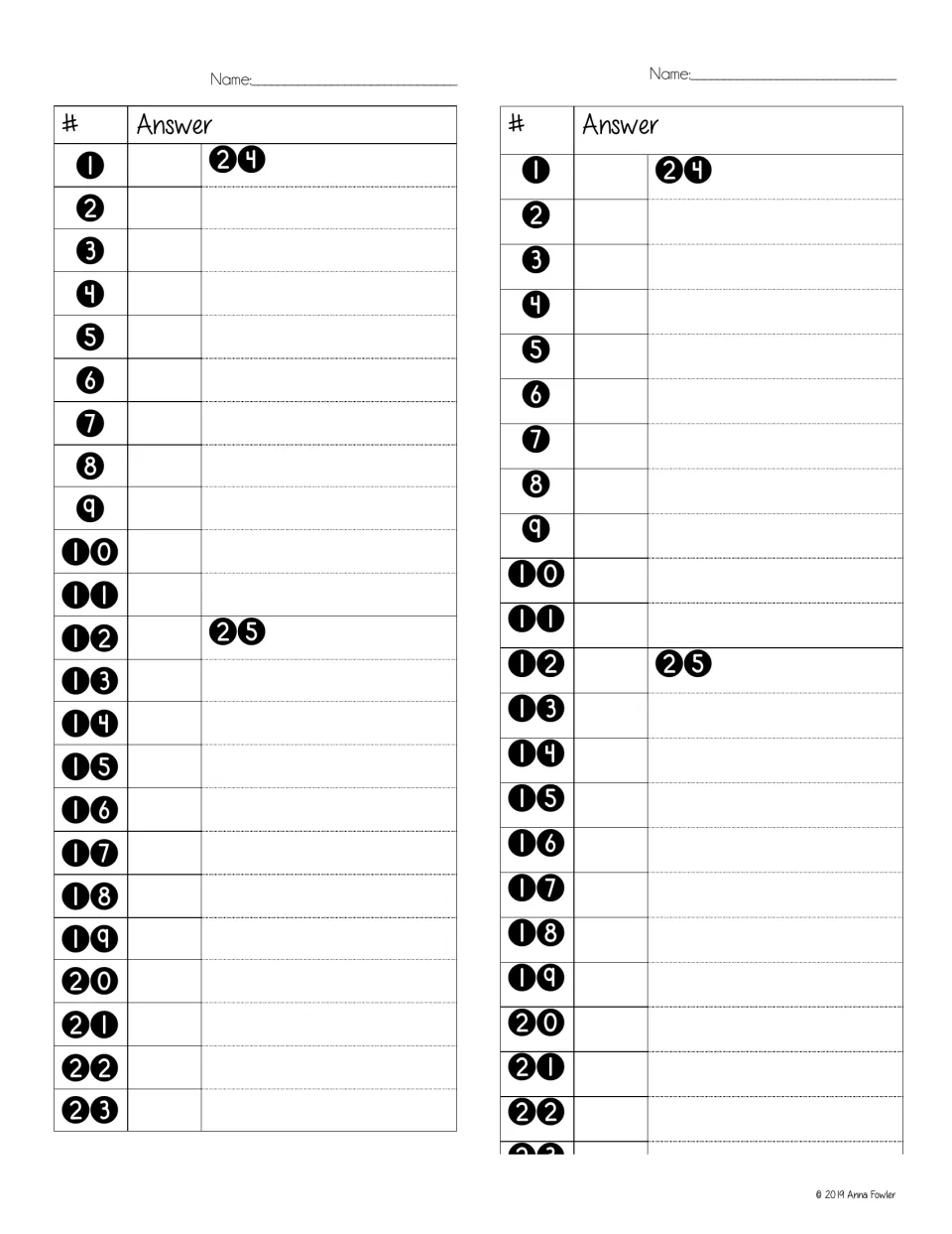 Student recording sheet: two copies per page with numbered answer spaces for questions 1-23 and space for 24 and 25