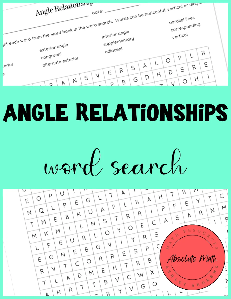 Cover of the Angle Relationships Word Search resource, featuring excerpts from the vocabulary puzzle