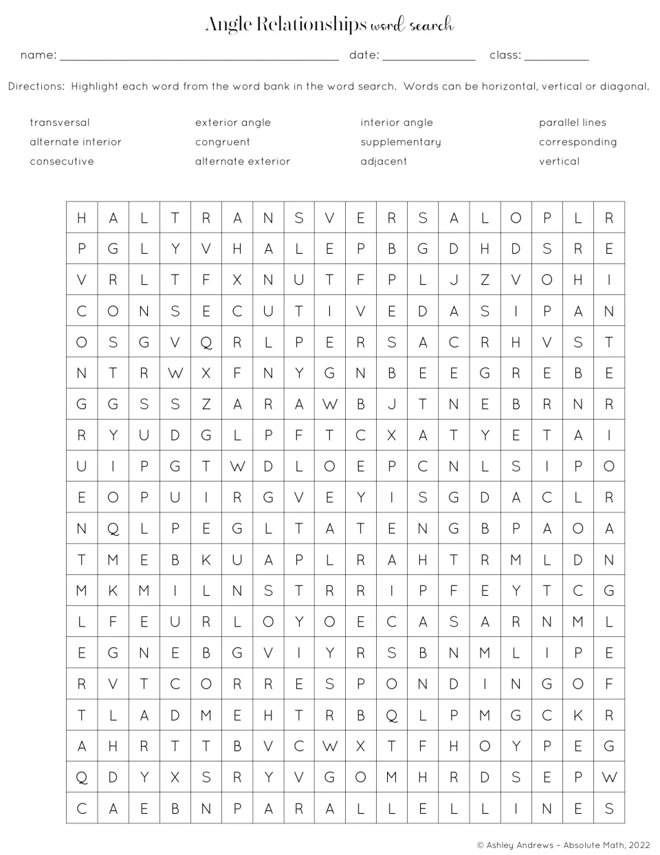 Angle vocabulary word search featuring 12 terms, including transversal, congruent, adjacent, and vertical