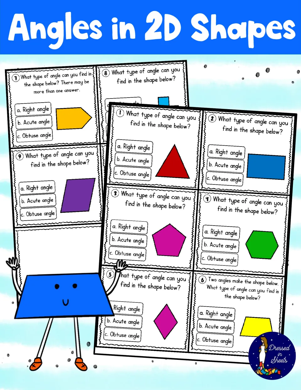 Angles in 2D Shapes cover: task cards asking whether shapes like a triangle or hexagon have right, acute or obtuse angles