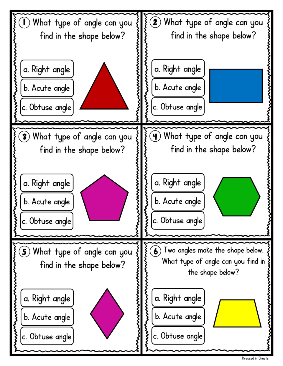 Identifying angle types, cards 1-6: students choose right, acute or obtuse for each shape, from a triangle to a trapezoid