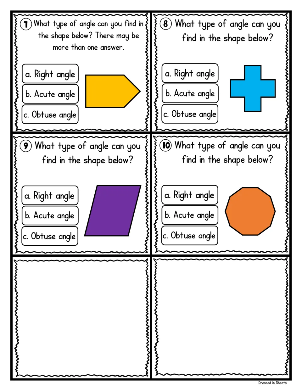 Identifying angle types, cards 7-10: students find right, acute or obtuse angles in an arrow, cross, parallelogram, decagon