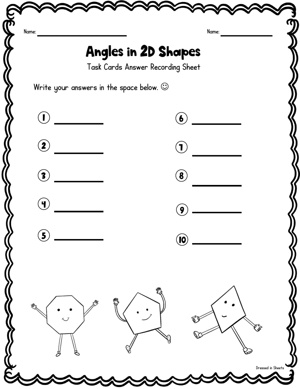 Task card recording sheet: students write their angle-type answers for cards 1 to 10 and add their name at the top