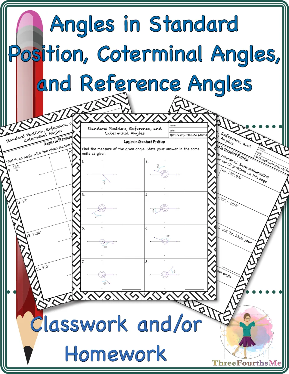 Cover of the angle practice packet on standard position, coterminal angles, and reference angles