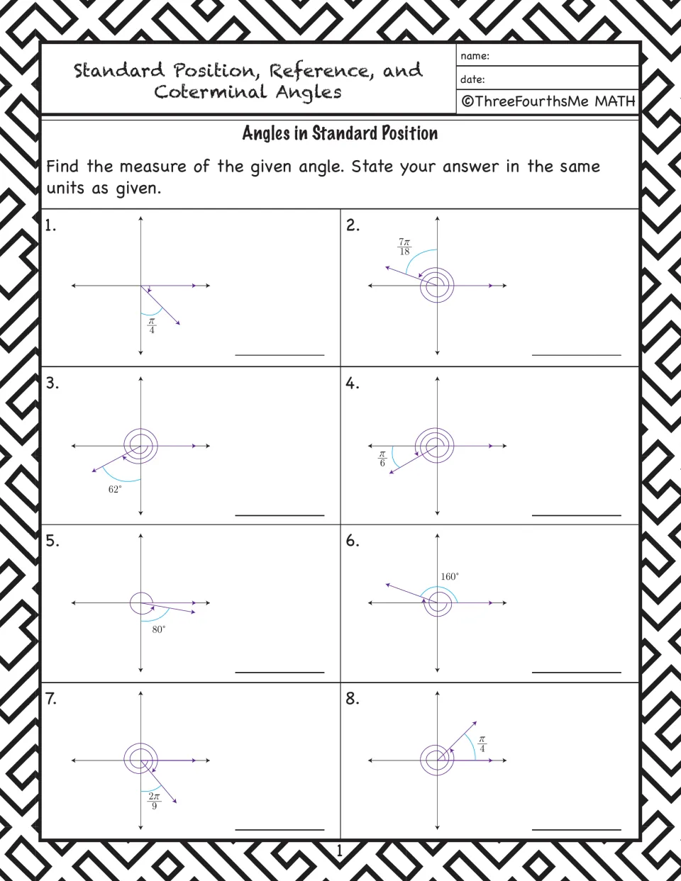 Angle practice problems 1–8: read standard-position diagrams and find angle measures in degrees or radians