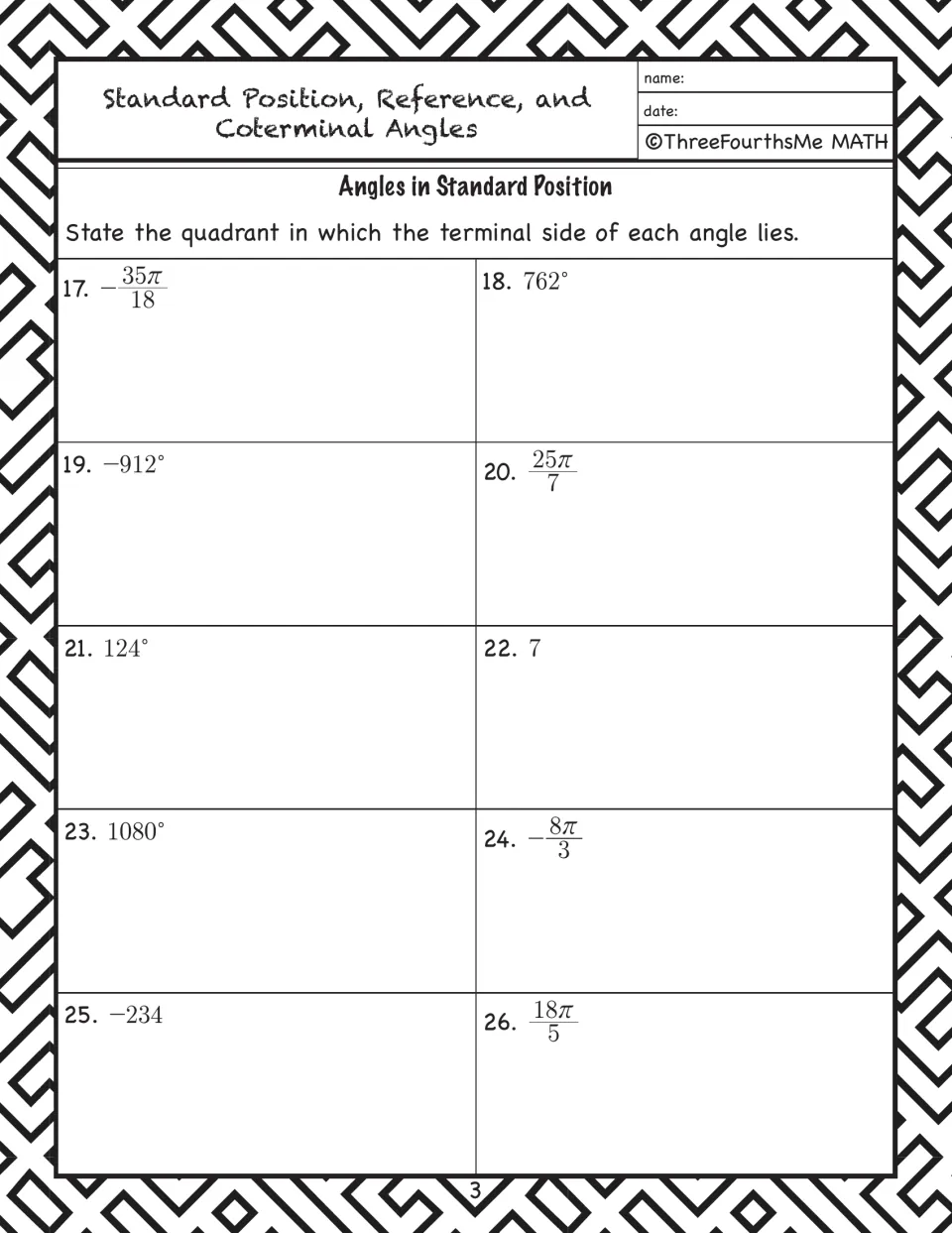Angle practice problems 17–26: identify terminal-side quadrants for angles including −35π/18 and 762°