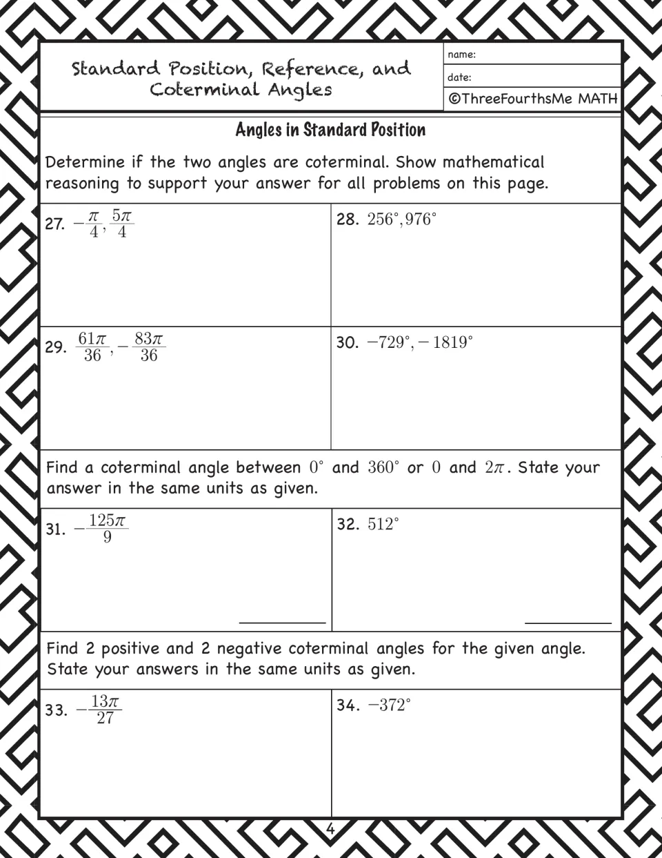 Angle practice problems 27–34: test coterminal pairs and find coterminal angles in specified ranges
