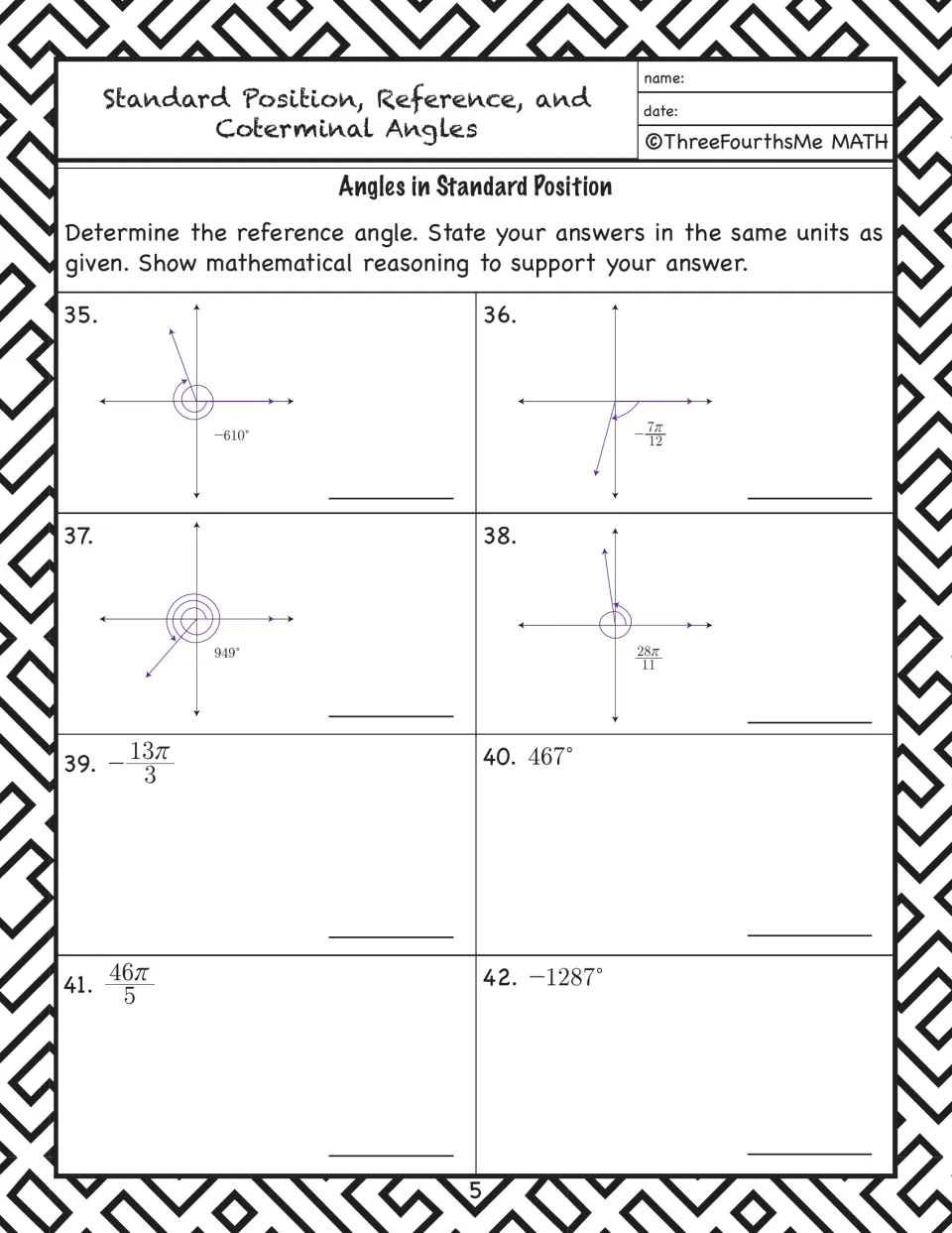 Angle practice problems 35–42: determine reference angles for values including −610°, −7π/12, and 949°