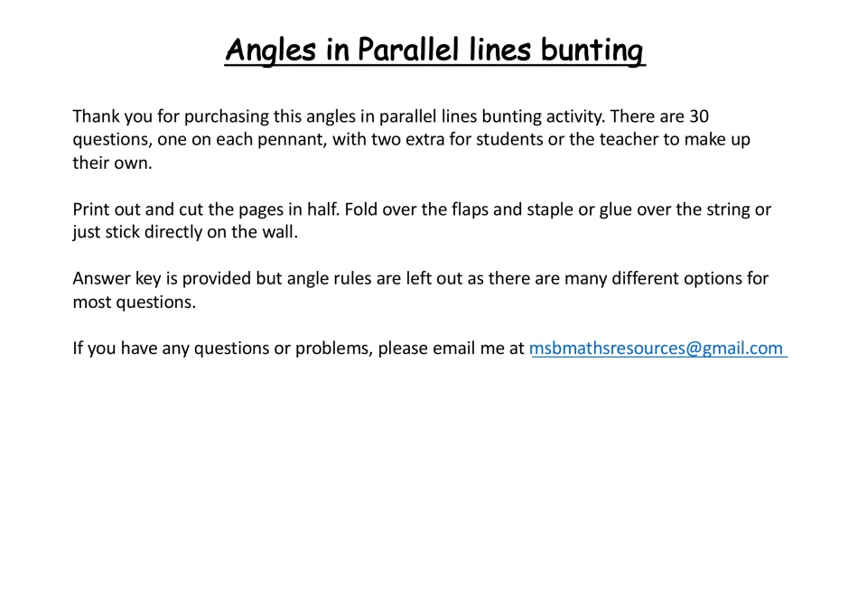Instructions for 30 angle problem pennants and two extras, including cutting, folding, and hanging directions
