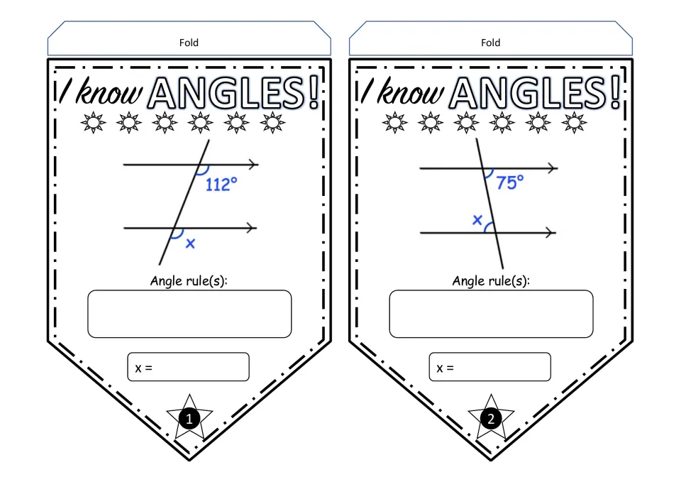 Angle pennants 1–2: find x using parallel lines and given angles of 112° and 75°, then write the angle rules