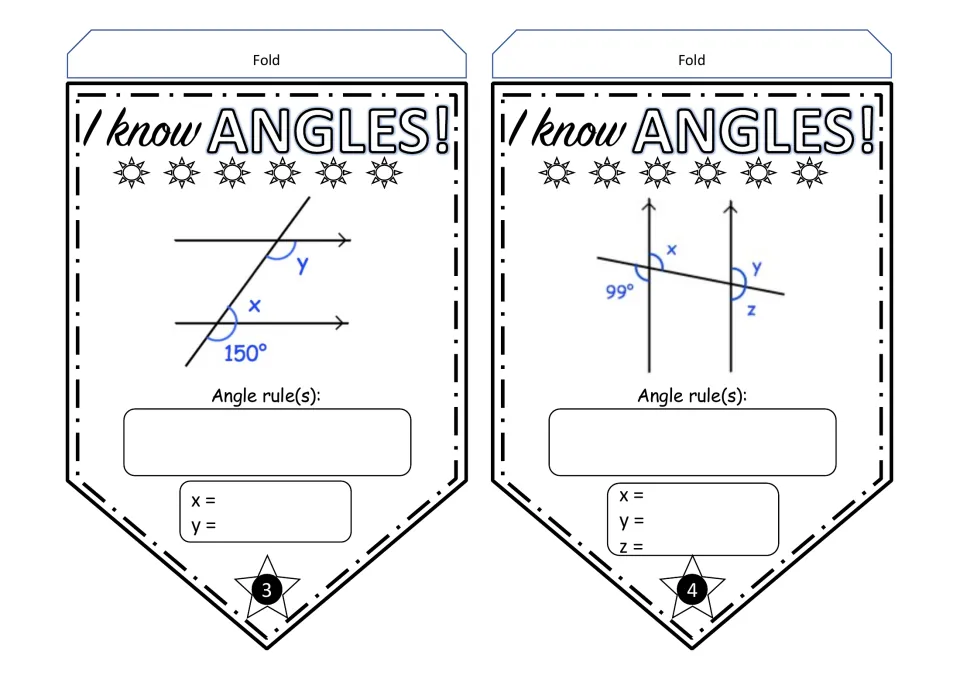 Angle pennants 3–4: find x and y from a 150° angle, and x, y, and z from a 99° angle using parallel lines