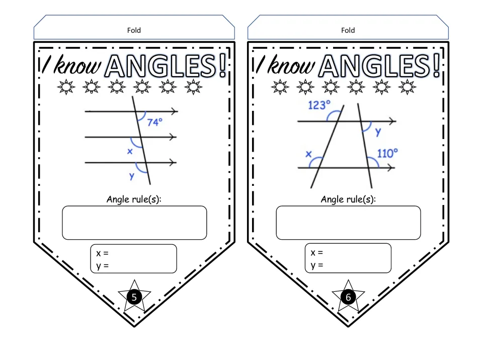 Angle pennants 5–6: find x and y in parallel-line diagrams using given angles of 74°, 123°, and 110°