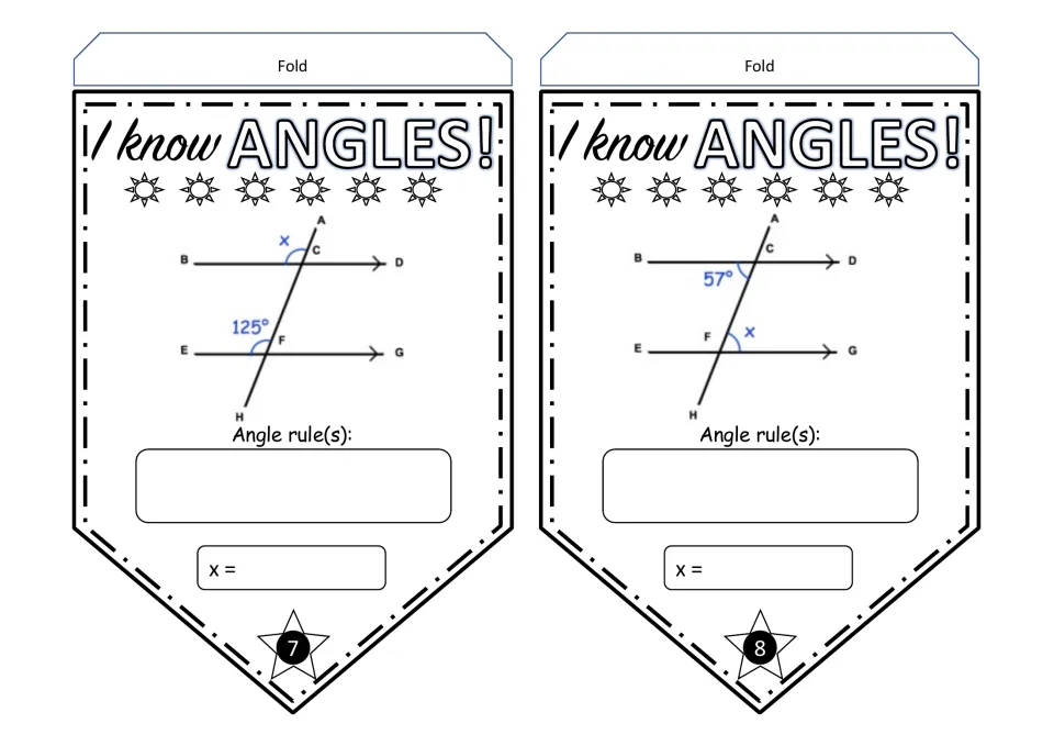 Angle pennants 7–8: find x from 125° and 57° in parallel-line diagrams labeled A–H, and name angle rules