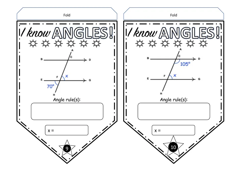 Angle pennants 9–10: find x using given angles of 70° and 105° in parallel-line diagrams labeled A–H