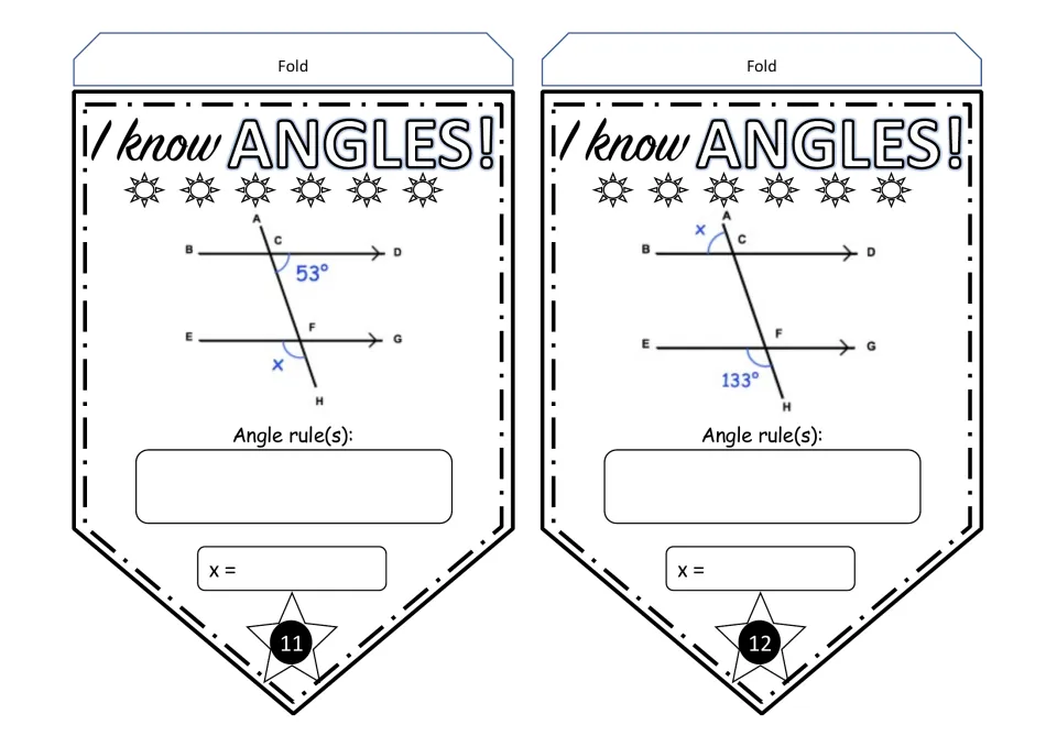 Angle pennants 11–12: find x from 53° and 133° in parallel-line diagrams, then record the angle rules