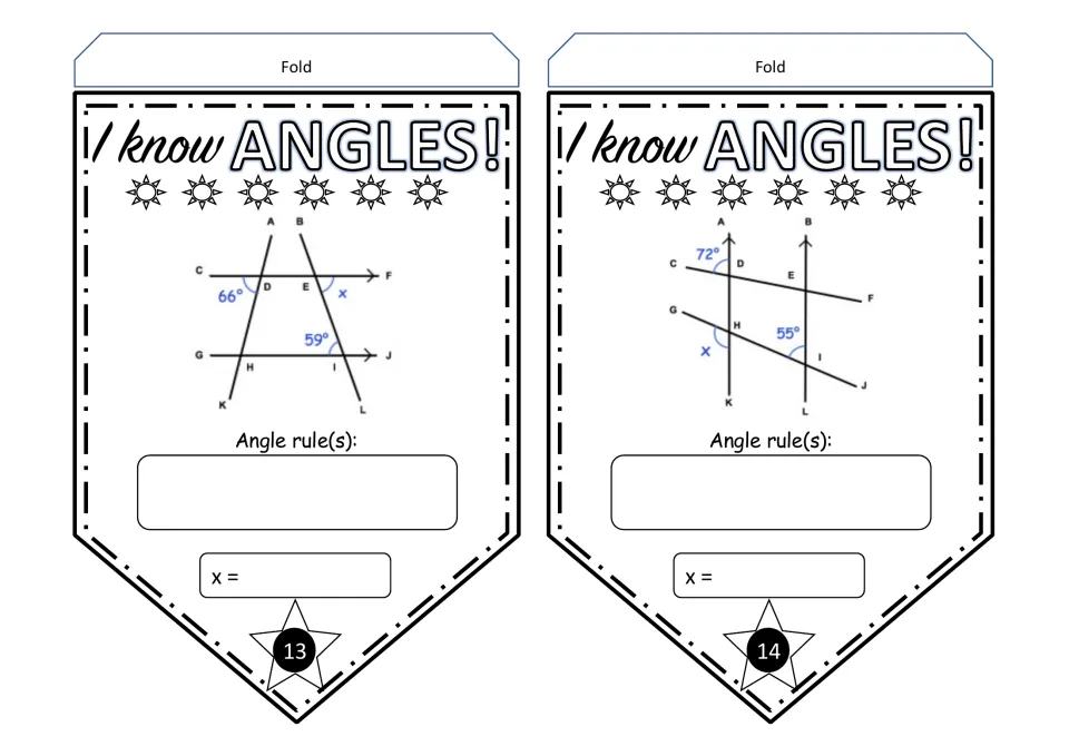 Angle pennants 13–14: find x in diagrams showing parallel lines and angles of 66°, 59°, 72°, and 55°