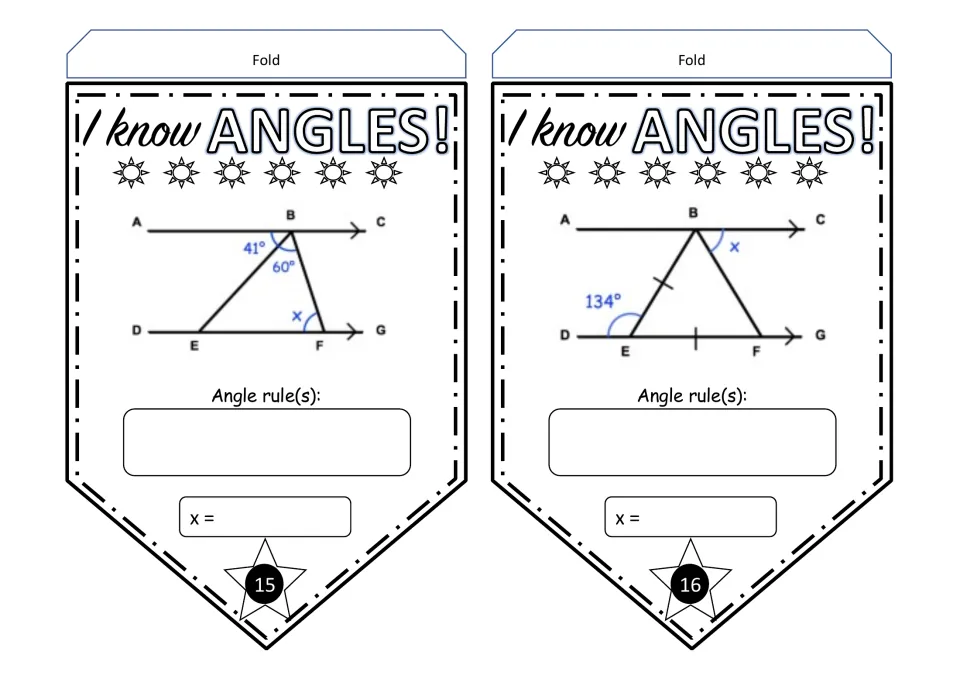 Angle pennants 15–16: find x using triangles between parallel lines, with 41°, 60°, 134°, and equal sides