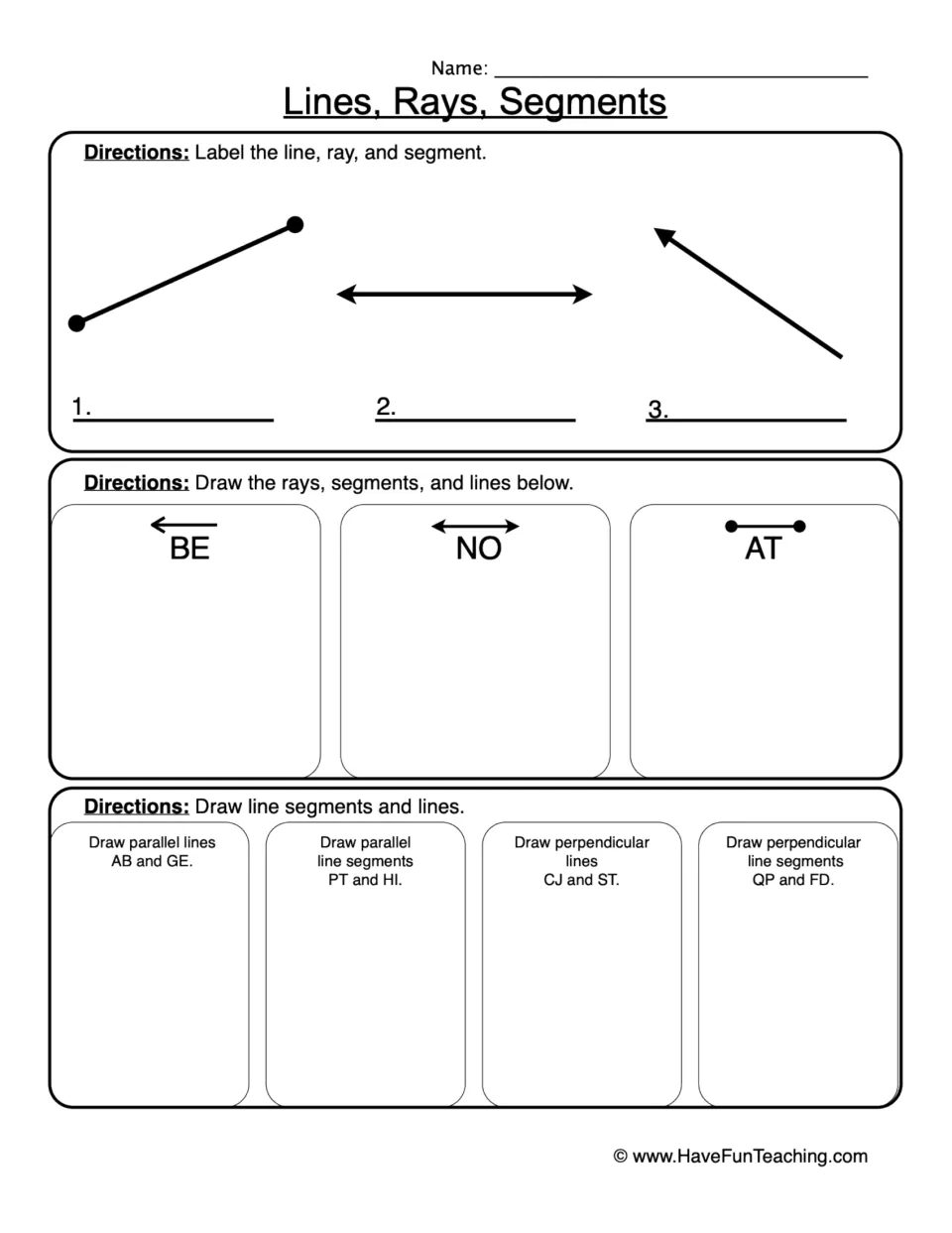 Lines, rays and segments: students label each one, then draw rays, segments and parallel and perpendicular lines