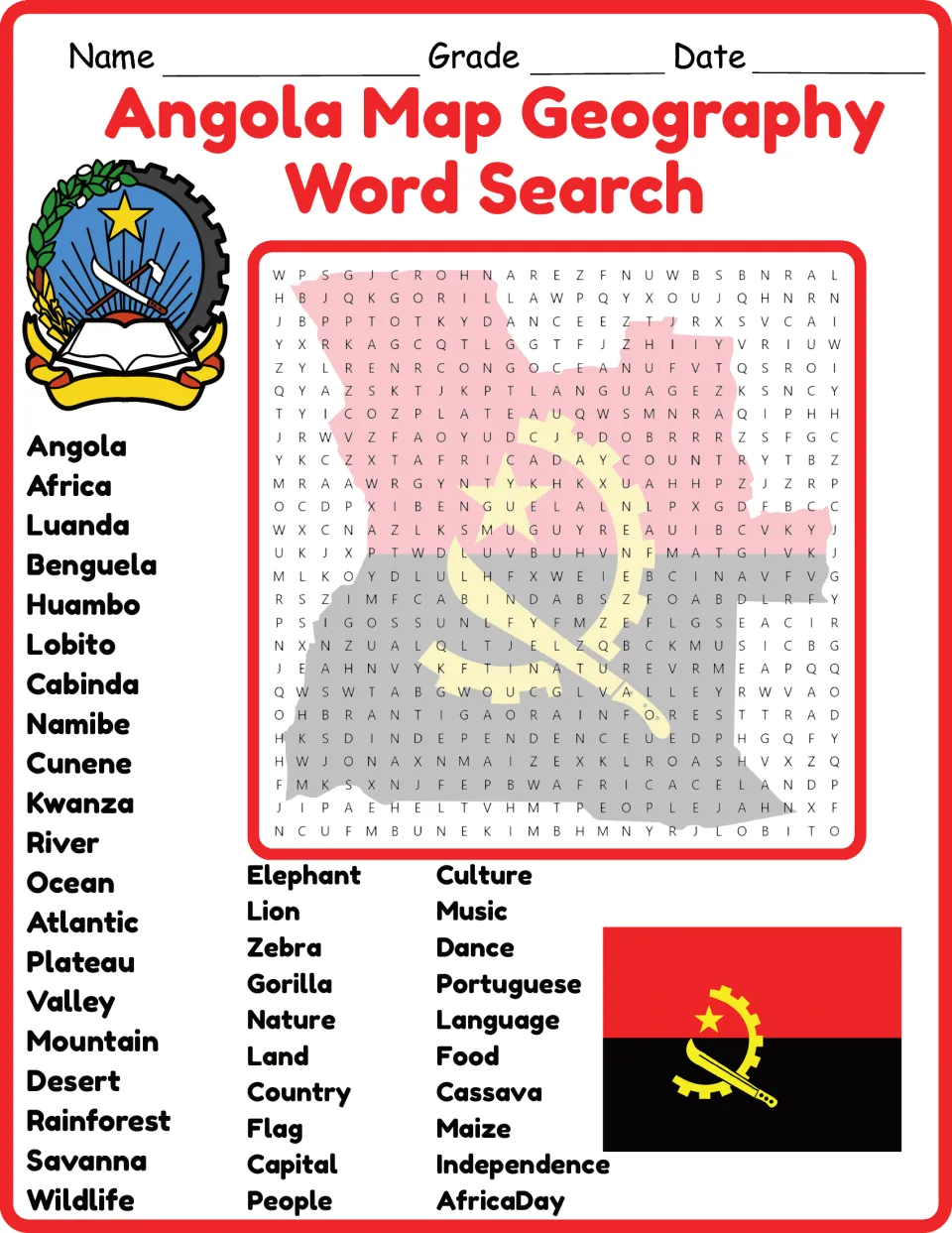 Color Angola geography word search featuring Luanda, Benguela, Kwanza, Portuguese, and 36 more words.