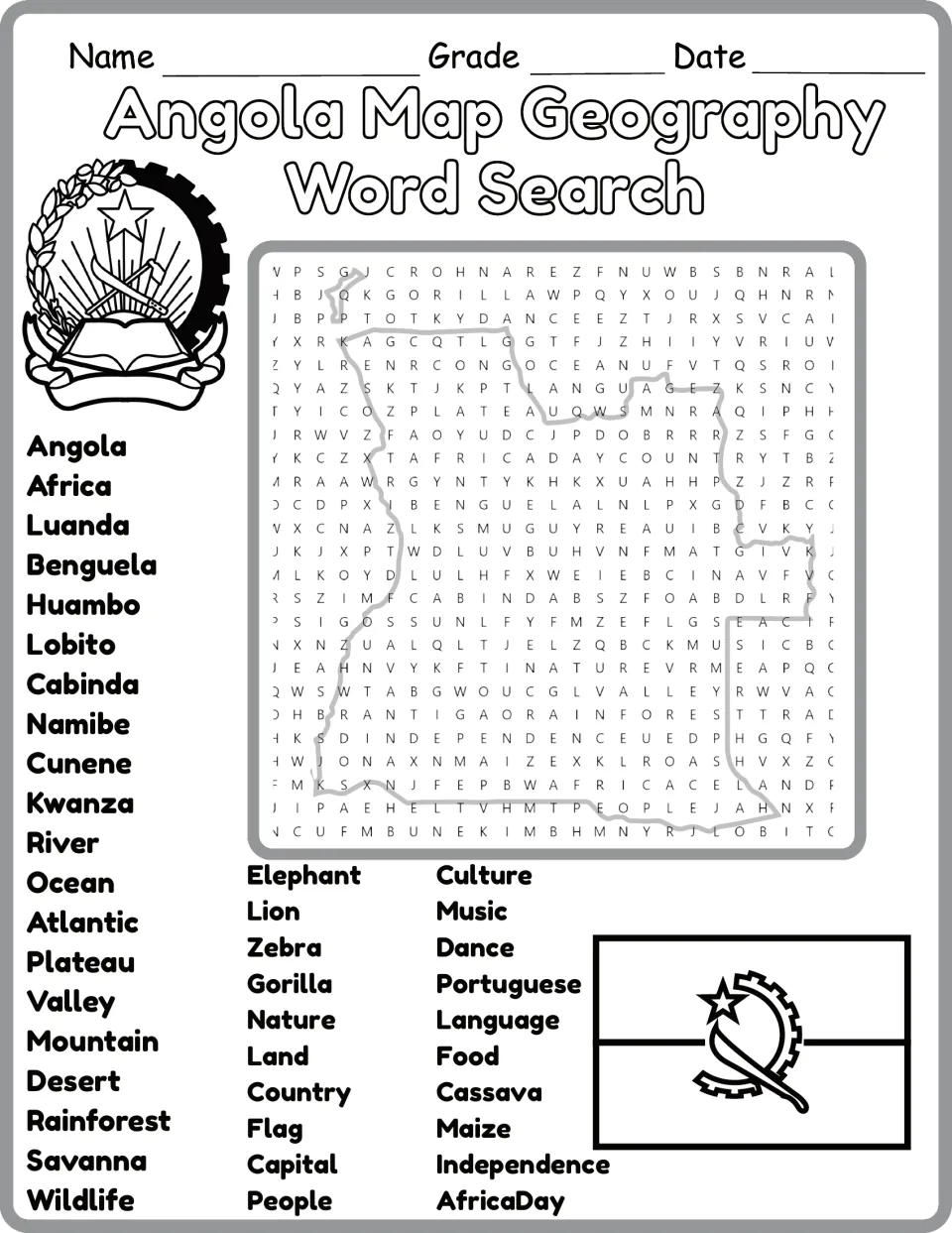 Black-and-white Angola geography word search featuring Cabinda, Cunene, Atlantic, and 37 more words.