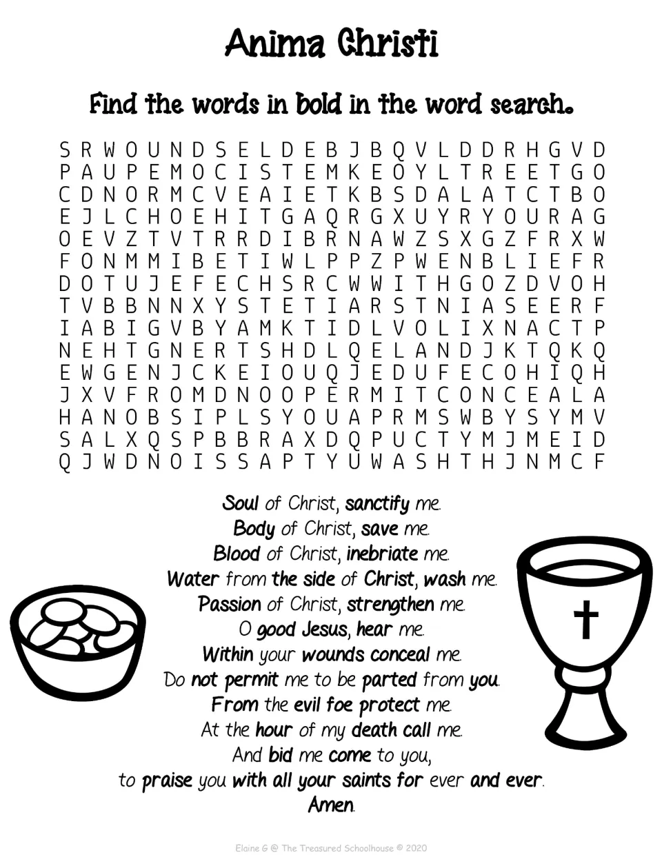Prayer word search asks students to find bold words from the prayer, including Soul, Body, Blood, and Water.