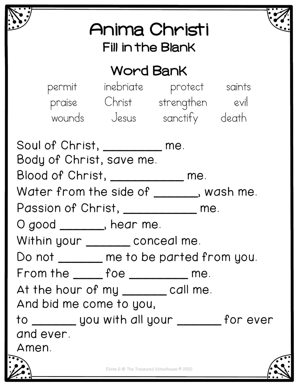 Prayer fill-in-the-blank activity provides 12 word bank choices, including sanctify, inebriate, and strengthen.